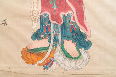 Chinese school: 'Three Buddhist goddesses', ink and colour on silk, 18th C.