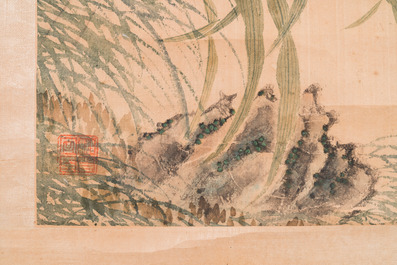 Yu Li 李钰( 1862-1922): Three scrolls with rocks and flowers, ink and colours on silk, dated 1906