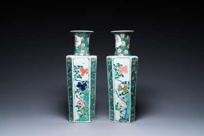A pair of Chinese hexagonal famille verte vases with floral panels, Kangxi