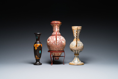 Deux vases hispano-mauresques &agrave; &eacute;mail lustr&eacute; de type 'Alhambra' et un vase en bois incrust&eacute; de pierres, Espagne et Afrique du Nord, 19/20&egrave;me