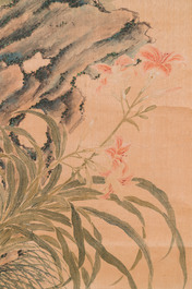 Yu Li 李钰( 1862-1922): Three scrolls with rocks and flowers, ink and colours on silk, dated 1906