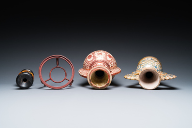 Deux vases hispano-mauresques &agrave; &eacute;mail lustr&eacute; de type 'Alhambra' et un vase en bois incrust&eacute; de pierres, Espagne et Afrique du Nord, 19/20&egrave;me