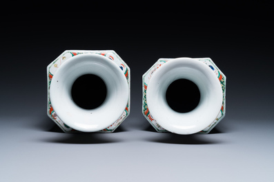 A pair of Chinese hexagonal famille verte vases with floral panels, Kangxi