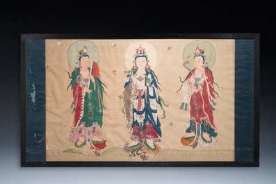 Chinese school: 'Three Buddhist goddesses', ink and colour on silk, 18th C.