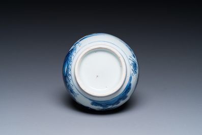 A Chinese blue and white double gourd vase with a scholar and two students, Transitional period