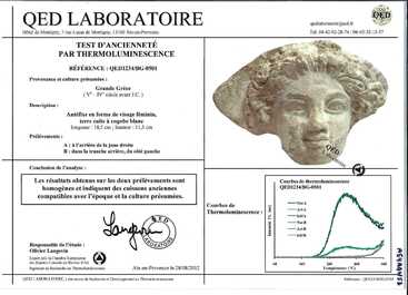 Ant&eacute;fixe en forme de t&ecirc;te de femme en terre cuite &agrave; engobe blanc, Gr&egrave;ce, 5/4&egrave;me av. J.-C.