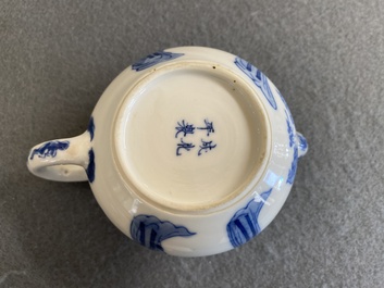 A Chinese blue and white 'Long Eliza' teapot and cover, Chenghua mark, Kangxi