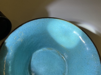 Two Chinese Canton enamel blue-ground bowls, Qianlong/Jiaqing