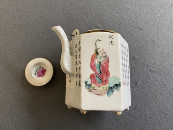 A Chinese hexagonal famille rose 'Wu Shuang Pu' teapot and cover, 19th C.