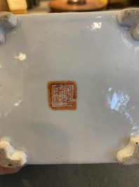 A square Chinese famille rose 'scholars' teapot, signed Jiang Yuqing 蔣玉卿, Tongzhi mark and of the period