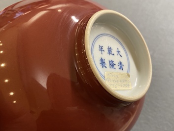 A Chinese monochrome copper-red-glazed bowl, Qianlong mark but probably later