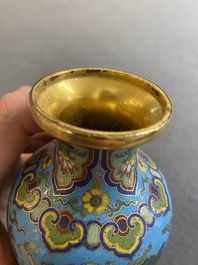 An attractive Chinese turquoise-ground cloisonn&eacute; vase, Qianlong