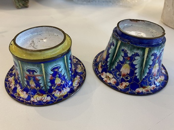 Two Chinese Canton enamel blue-ground bowls, Qianlong/Jiaqing