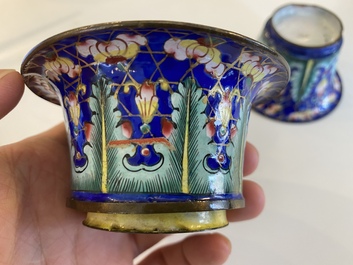 Two Chinese Canton enamel blue-ground bowls, Qianlong/Jiaqing