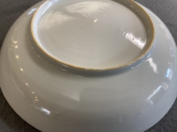 A Dutch-decorated Chinese porcelain plate with a merchant ship, Kangxi