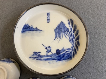 Een Chinese blauw-witte 'Bleu de Hue' schotel met drie koppen voor de Vietnamese markt, Noi Phu merk, 19e eeuw