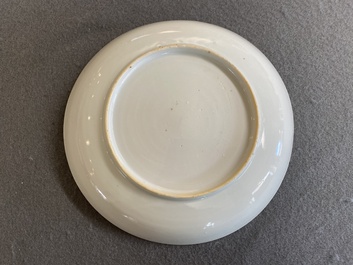 A Dutch-decorated Chinese porcelain plate with a merchant ship, Kangxi