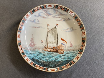 A Dutch-decorated Chinese porcelain plate with a merchant ship, Kangxi