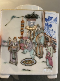 A square Chinese famille rose 'scholars' teapot, signed Jiang Yuqing 蔣玉卿, Tongzhi mark and of the period