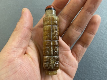 A Chinese celadon and russet jade 'cong' snuff bottle, probably Qing