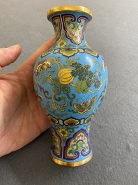 An attractive Chinese turquoise-ground cloisonn&eacute; vase, Qianlong