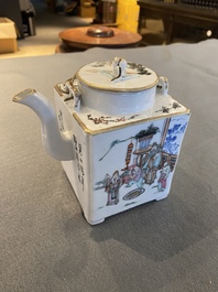 A square Chinese famille rose 'scholars' teapot, signed Jiang Yuqing 蔣玉卿, Tongzhi mark and of the period