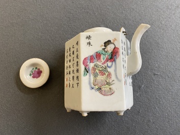 A Chinese hexagonal famille rose 'Wu Shuang Pu' teapot and cover, 19th C.