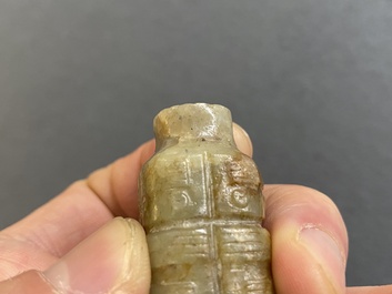 A Chinese celadon and russet jade 'cong' snuff bottle, probably Qing