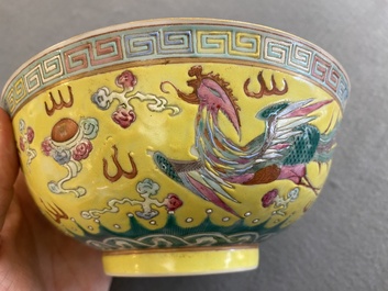 A Chinese yellow-ground famille rose 'dragon and phoenix' bowl, Guangxu mark and of the period