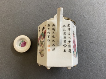 A Chinese hexagonal famille rose 'Wu Shuang Pu' teapot and cover, 19th C.