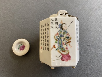 A Chinese hexagonal famille rose 'Wu Shuang Pu' teapot and cover, 19th C.