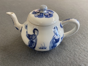 A Chinese blue and white 'Long Eliza' teapot and cover, Chenghua mark, Kangxi