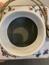 A square Chinese famille rose 'scholars' teapot, signed Jiang Yuqing 蔣玉卿, Tongzhi mark and of the period