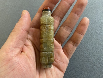 A Chinese celadon and russet jade 'cong' snuff bottle, probably Qing