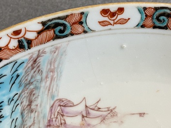 A Dutch-decorated Chinese porcelain plate with a merchant ship, Kangxi