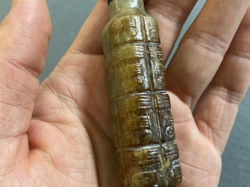 A Chinese celadon and russet jade 'cong' snuff bottle, probably Qing