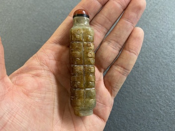 A Chinese celadon and russet jade 'cong' snuff bottle, probably Qing