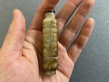 A Chinese celadon and russet jade 'cong' snuff bottle, probably Qing