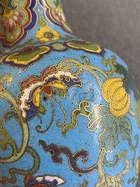 An attractive Chinese turquoise-ground cloisonn&eacute; vase, Qianlong
