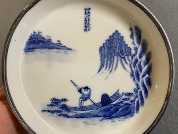 Een Chinese blauw-witte 'Bleu de Hue' schotel met drie koppen voor de Vietnamese markt, Noi Phu merk, 19e eeuw