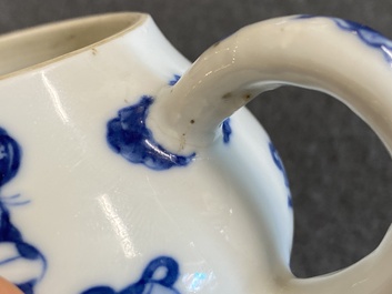 A Chinese blue and white 'Long Eliza' teapot and cover, Chenghua mark, Kangxi