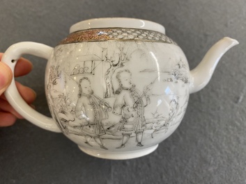 Th&eacute;i&egrave;re couverte en porcelaine de Chine &agrave; d&eacute;cor de chasseurs europ&eacute;ens en grisaille, Yongzheng