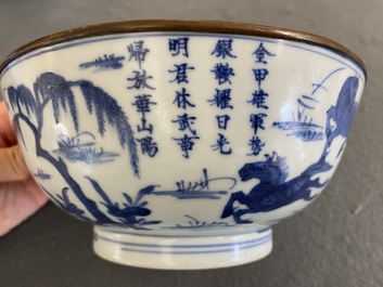 Een Chinese blauw-witte 'Acht paarden van Mu Wang' kom, Kangxi