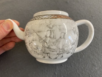 Th&eacute;i&egrave;re couverte en porcelaine de Chine &agrave; d&eacute;cor de chasseurs europ&eacute;ens en grisaille, Yongzheng