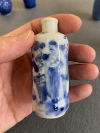 Five Chinese blue and white snuff bottles, 19th C.