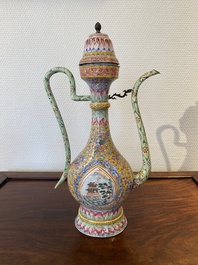 A large Chinese yellow-ground Canton enamel ewer and cover, Qianlong