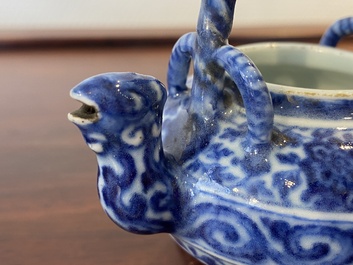 An unusual Chinese blue and white teapot and cover, Xuande mark, probably Qing