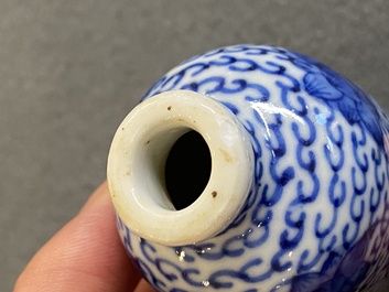 Five Chinese blue and white snuff bottles, 19th C.