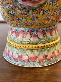 A large Chinese yellow-ground Canton enamel ewer and cover, Qianlong