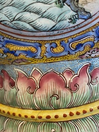 A large Chinese yellow-ground Canton enamel ewer and cover, Qianlong